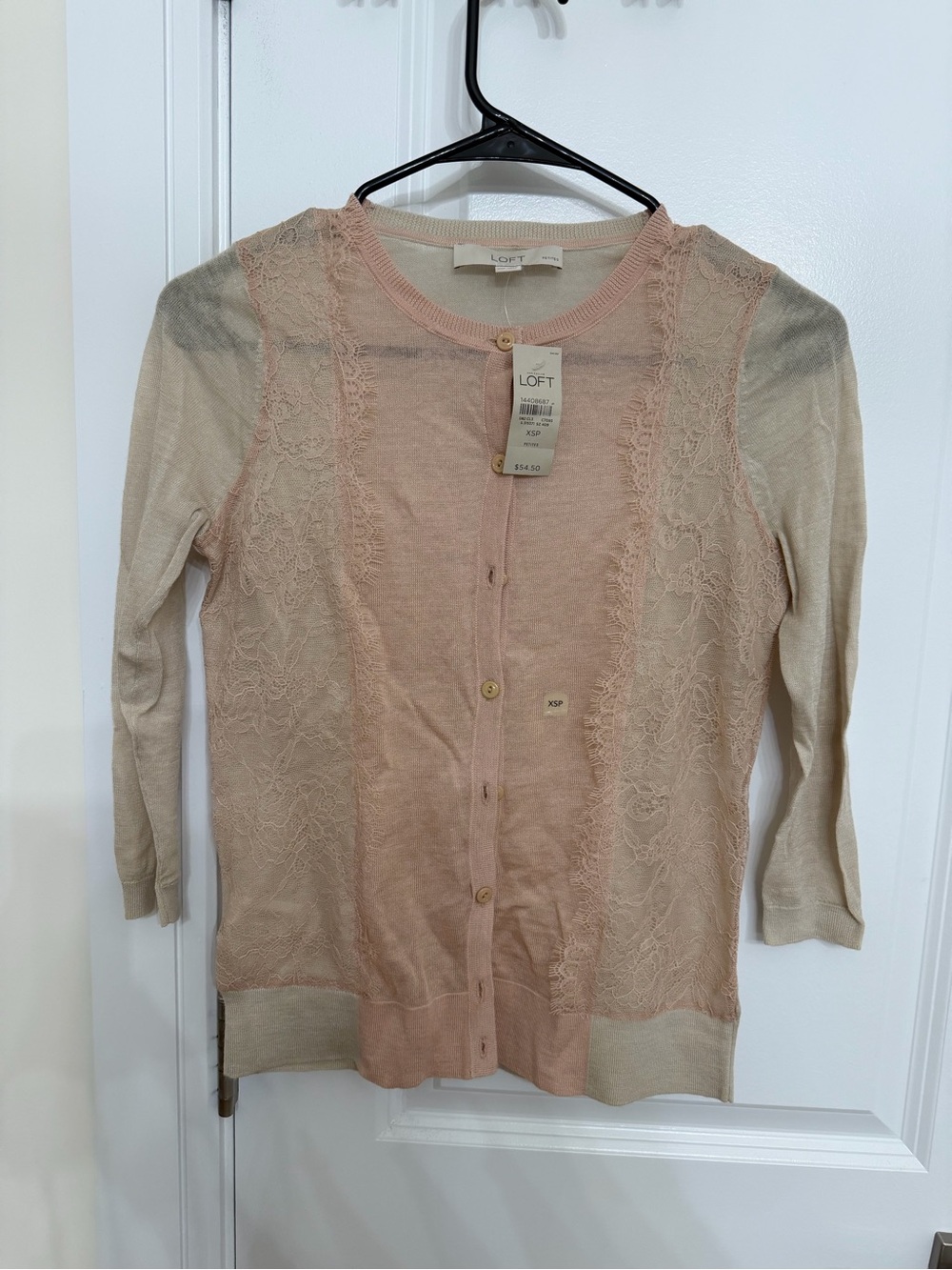 LOFT Blush Pink and Cream Lace-Panel Button Cardigan